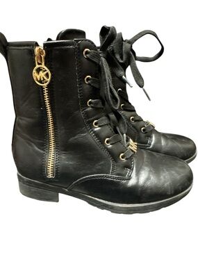 Michael Kors Black Leather Lace-Up Ankle Boots with Gold Accents Size 2